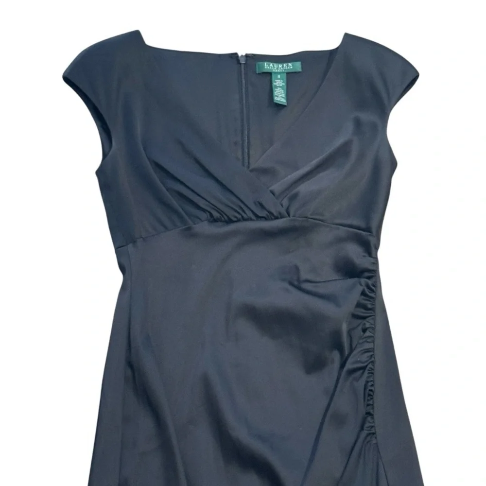 LAUREN RALPH Black Satin Midi Dress Cocktail Party Work Event Holiday Size 2